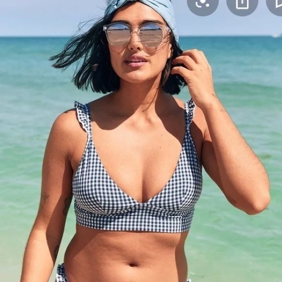 Aerie Ruffle‎ Triangle Bikini Top Women's Size Extra Large Gingham  Blue White - Picture 7 of 7